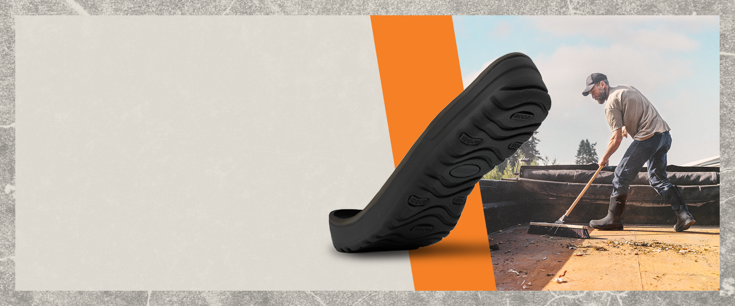 BOGS Hard Surface Grip graphic. Image features a man brushing leaves off a loading truck while wearing BOGS boots as well as a close-up of BOGS' anti-slip tread.