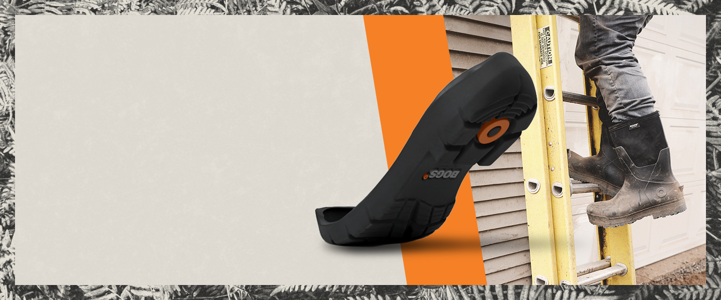 BOGS Purpose-Bult Traction graphic. Image features a model climbing a ladder while wearing BOGS boots as well as a close-up of BOGS' enhanced 90-degree heel.