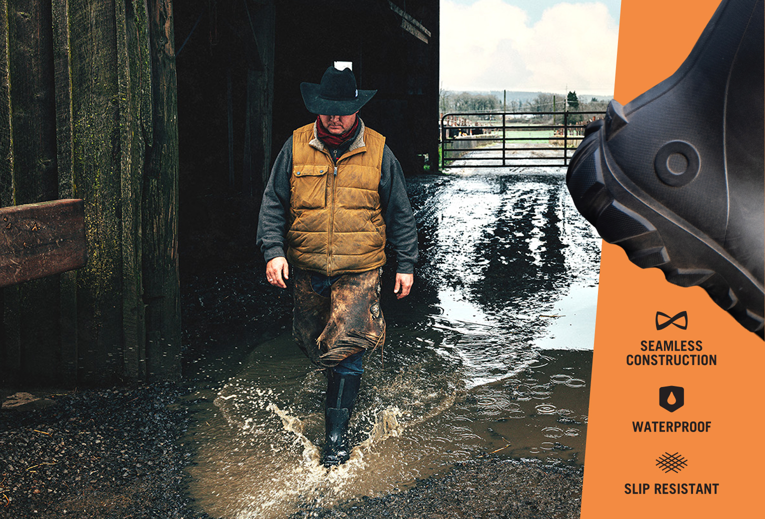 Men's Seamless Construction graphic. Seamless Construction. Waterproof. Slip Resistant.