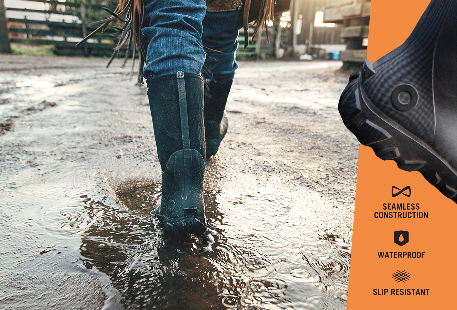 Women's Seamless Construction graphic. Seamless Construction. Waterproof. Slip Resistant.