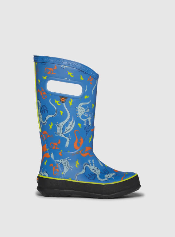 Shop the Kids' Rainboot Dragons waterproof rain boots. The featured product is the Kids' Rainboot Dragons in Blue with a dragons print.