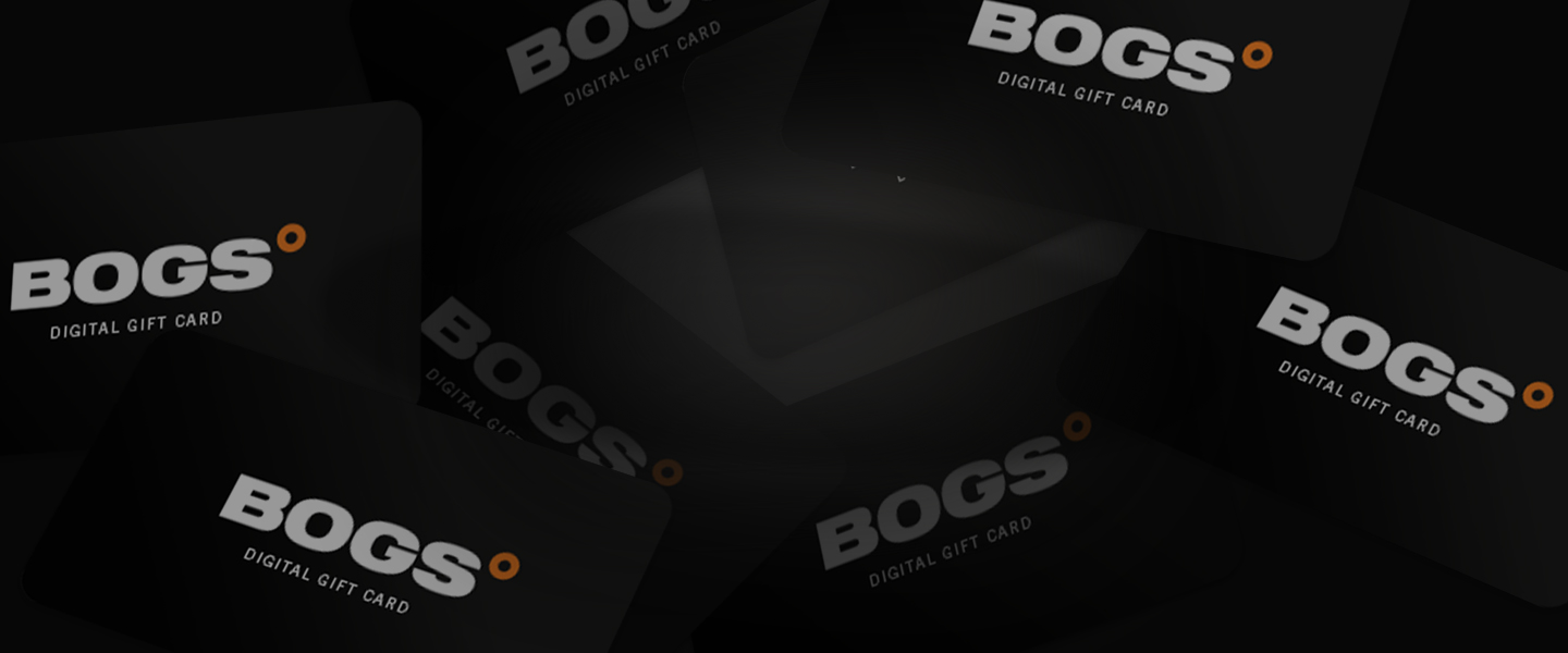 Image shows multiple BOGS Footwear logos implied to be falling like snow on a black background.