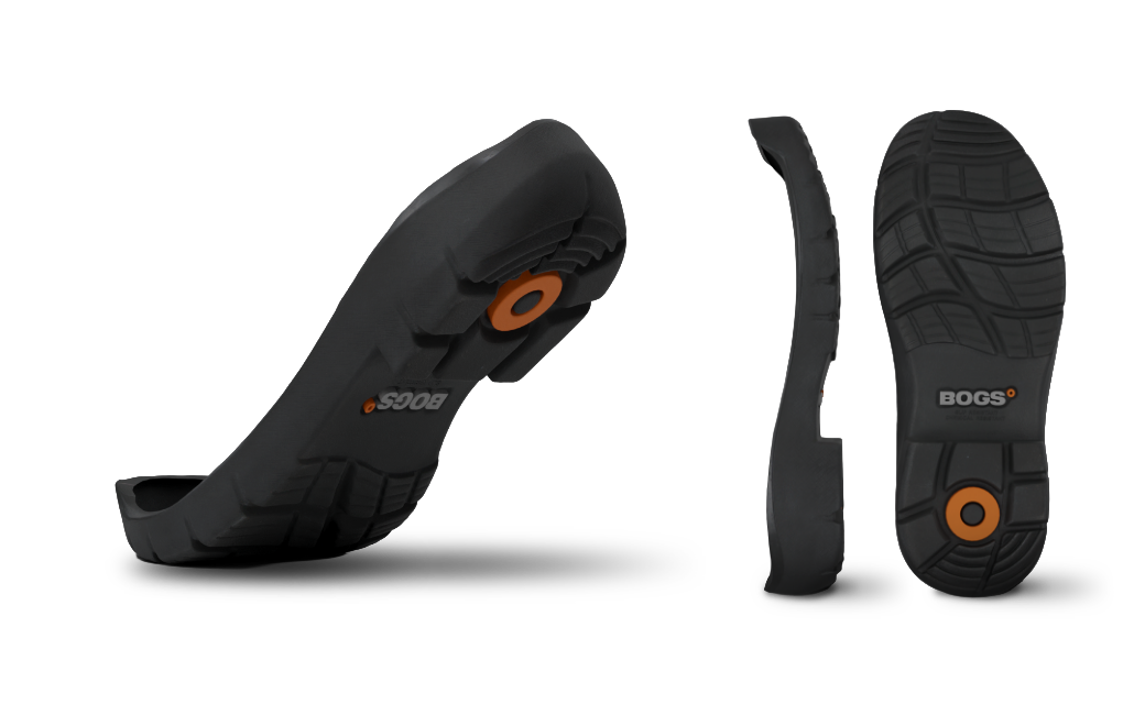 Image features three different angles of BOGS'                Purpose-Built Traction: 90 Degree Heel outsoles.