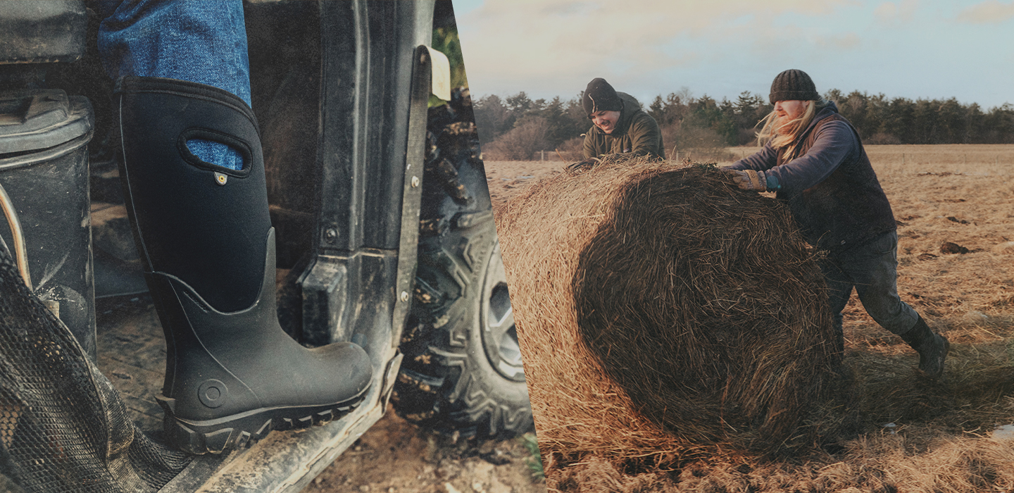 Image features split screen of two separate images:          The image on the left features a BOGS Seamless construction boot inside of a muddy truck.          The image on the right features two men rolling a large bale of hay through a field.