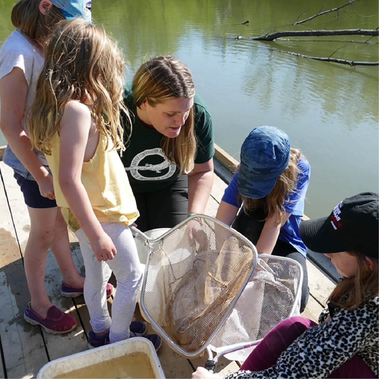 Our Featured Partners.  Click here to learn more about the Rideau Valley Conservation Authority organization that provides hands-on watershed restoration and nature experiences for youth. The picture shown is a teacher and four students looking into a net to see what they caught.