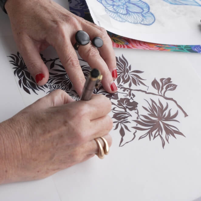 The image shown is the artists hand drawing a inspirational floral prints used when making the Women's Rose Garden waterproof rain boots.
