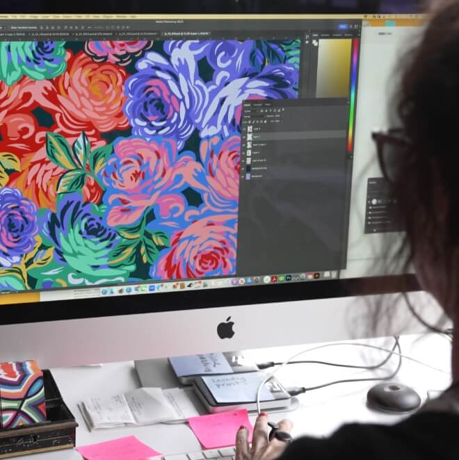 The image shown is the Rose Garden floral prints projected on a computer, used when making the Women's Rose Garden waterproof rain boots.

