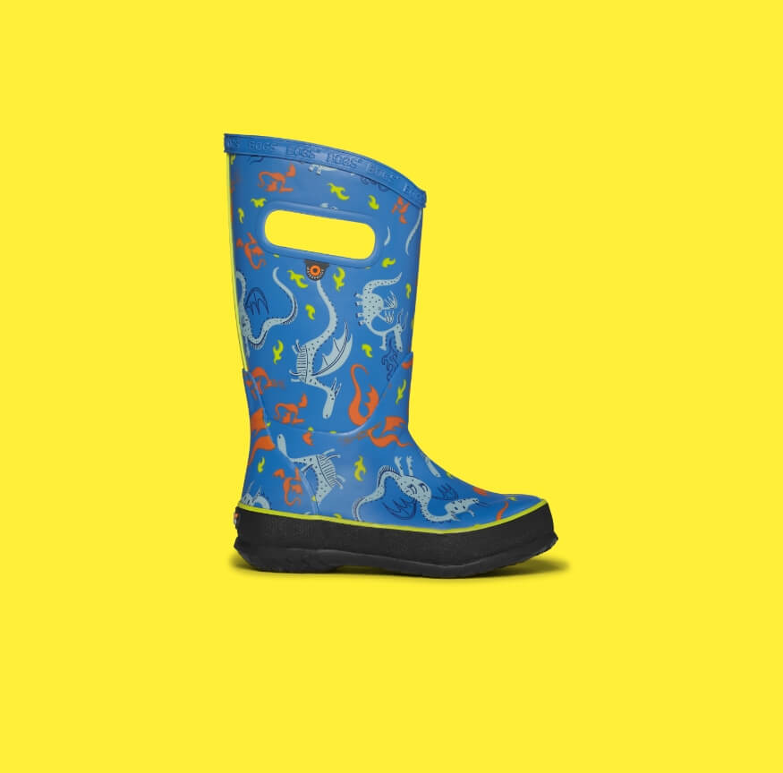 Shop the Kids' Dragon waterproof rain boots. The featured product is the Kids' blue rainboot in a variety of  dragon prints.