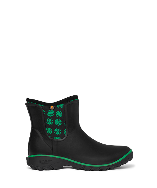 Shop the Women's 4-H Sauvie chelsea farm rain boots. The featured product is the Women's 4-H Sauvie in black with green 4-H clovers.