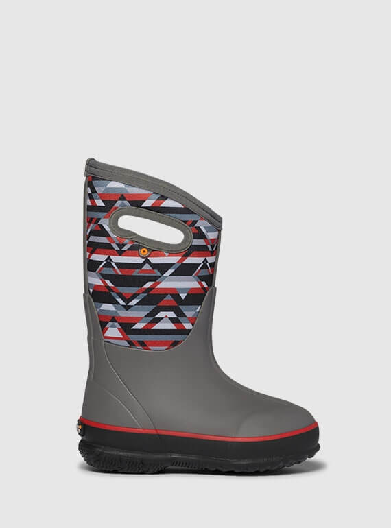 Shop the Kids' Classic II Geo Mountians waterproof insulated rain boots.  The featured product is the Kids' Classic II in grey with a red & black geo print.
