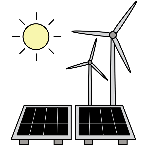 The featured graphic shows a sun, solar panels and windmills.