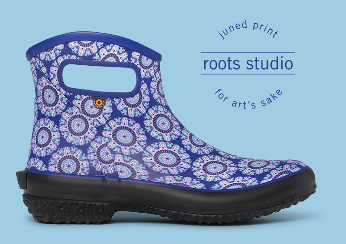 BOGS x Roots Garden Boots. Shop the Women's Patch Slip On rainboot. The featured product is the Women's Patch Slip On in blue with block print. We have partnered with Root Studios to create this print.