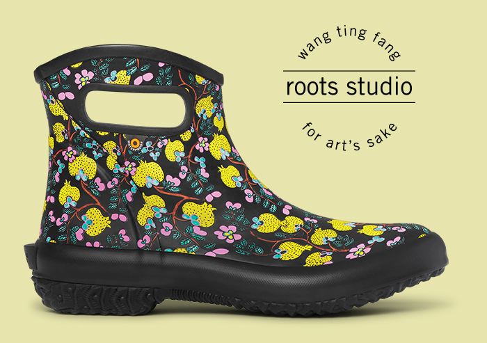 BOGS x Roots Garden Boots. Shop the Women's Patch Ankle rainboot. The featured product is the Women's Patch Ankle in black multi with floral wing ting fang print. We have partnered with Root Studios to create this print.